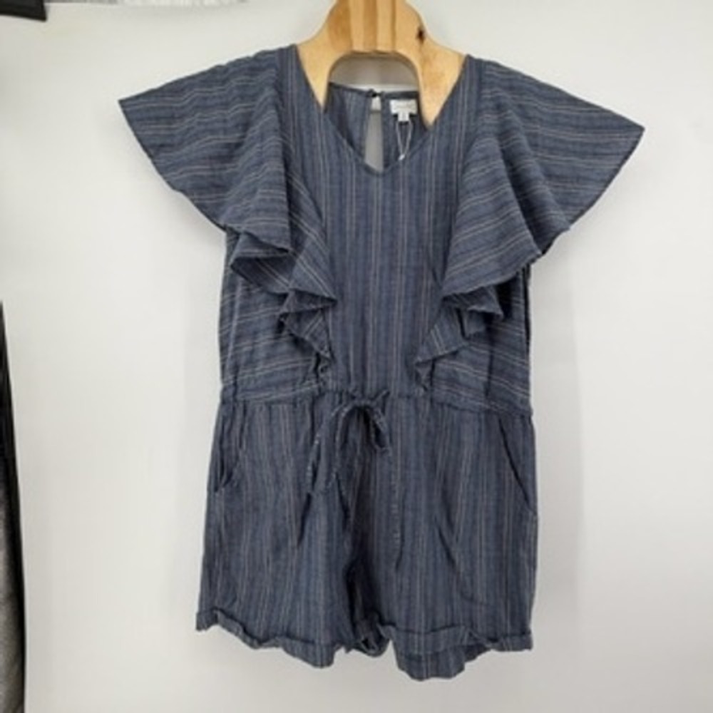 Mud Pie Blue Striped Ruffle Flutter Sleeve Cotton Romper Medium NEW